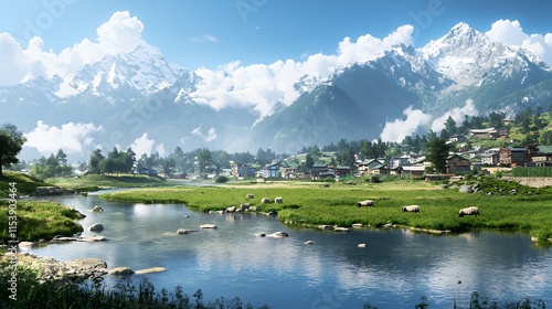 Serene Mountain Village by a Tranquil River