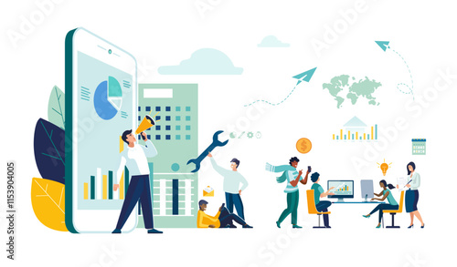 Vector illustration. Business, mobile app. A team of business people are negotiating a deal, working together  achieve success. Solving financial issues, the work of office. Ethnic, African American