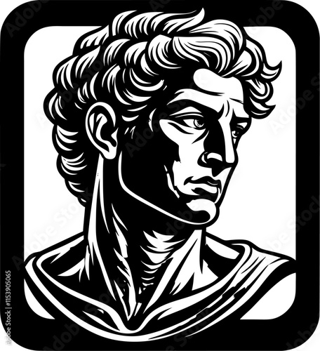 Classic gentleman bust avatar in engraving style. Black and white man drawing, in vintage style