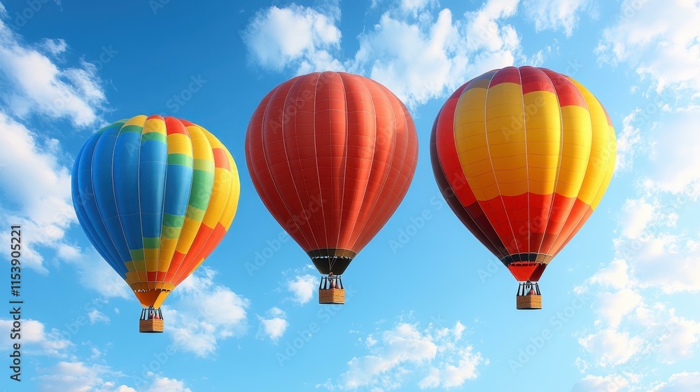 Fototapeta premium heic Thumbnail Mlops Cloud based services Mental coach Martech saas Telegram channel Helium 10 Nitropack Internxt Three colorful hot air balloons floating in bright blue sky with white clouds, perfec