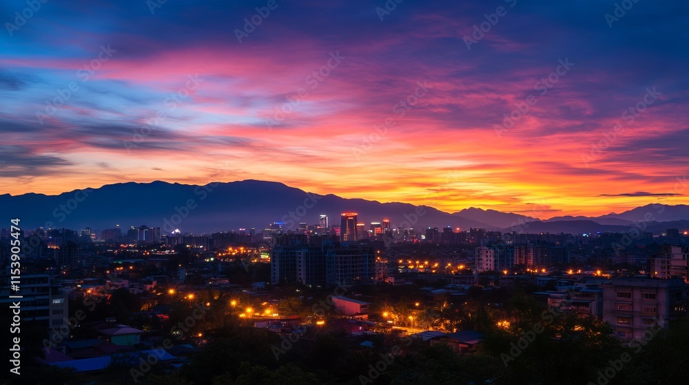 Sunset View of City Skyline with Landmark Building, Mountains, and Colorful Sky in Taiwan's Capital, AI generated illustration Sunset View of City Skyline with Landmark Building, Mountains, and Colorful Sky in Taiwan's Capital, AI generated illustration