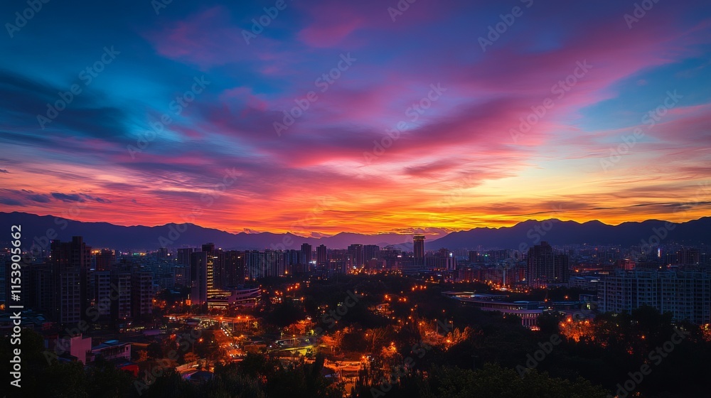 Sunset View of City Skyline with Landmark Building, Mountains, and Colorful Sky in Taiwan's Capital, AI generated illustration Sunset View of City Skyline with Landmark Building, Mountains, and Colorful Sky in Taiwan's Capital, AI generated illustration
