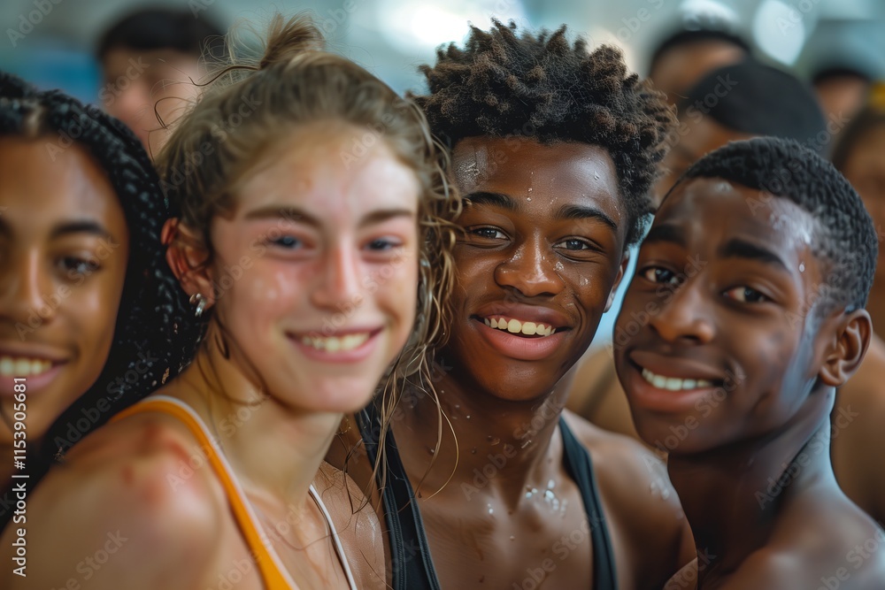 Fototapeta premium A joyful group of friends sharing smiles and laughter at a vibrant gathering, showcasing youthful energy.