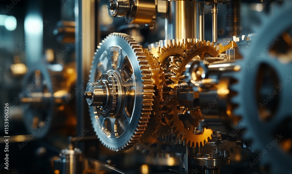 Fototapeta premium Close-up view of intricate metallic gears in a mechanical system.