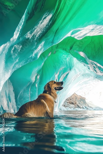 Golden retriever relaxed in an icy cave with turquoise reflections and serene surroundings photo