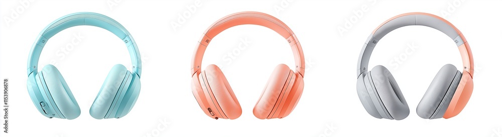 Three different styles of headphones in light blue, orange, and grey colors on a white background.
Three different styles of headphones in light blue, orange, and grey colors on a white background.
