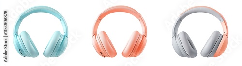 
Three different styles of headphones in light blue, orange, and grey colors on a white background. photo