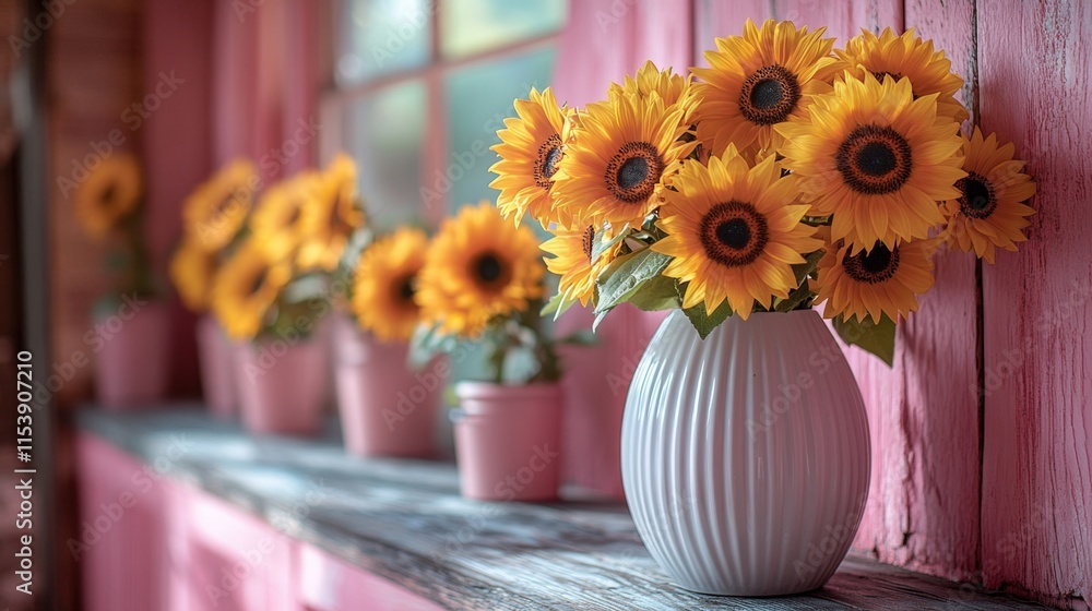 Sunflowers in vases on pink wooden window sill. Sunflowers in vases on pink wooden window sill.