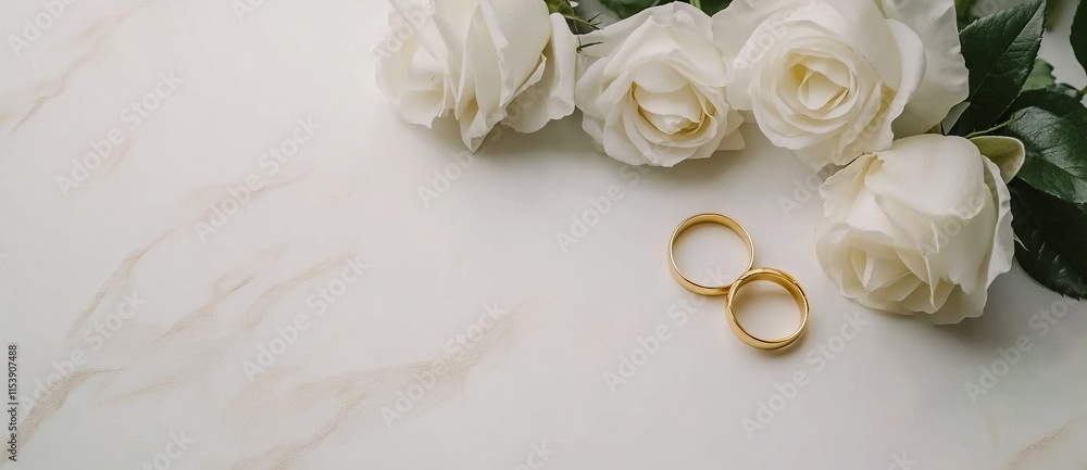 Pair of Gold Wedding Rings and White Roses: Symbols of Love and Commitment. AI generated illustration Pair of Gold Wedding Rings and White Roses: Symbols of Love and Commitment. AI generated illustration