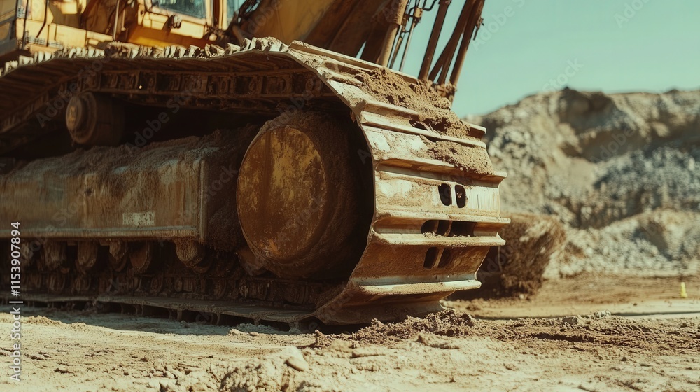an excavator at a construction site showing rugged tracks and dirt an excavator at a construction site showing rugged tracks and dirt
