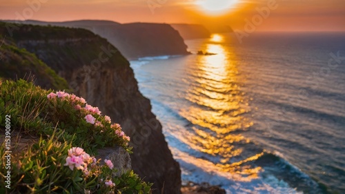 Breathtaking view of rugged coastal cliffs overlooking the ocean, with pink wildflowers in the foreground, glowing under a golden sunset.  
