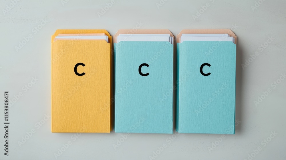 Three small books in pastel colors, featuring a prominent letter Three small books in pastel colors, featuring a prominent letter