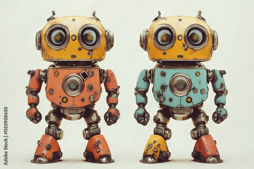 Naklejka premium Two Cute Vintage Robots Standing Side by Side on a White Background. AI generated illustration