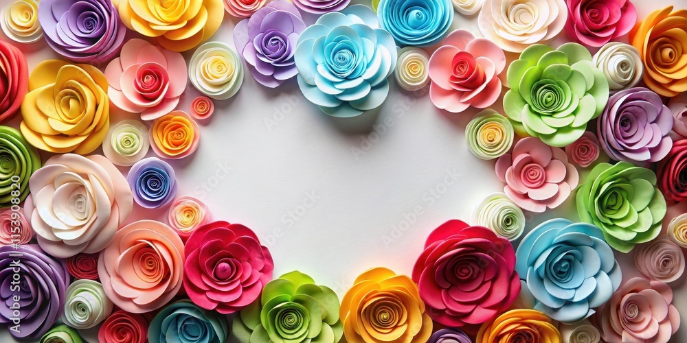 A bundle of colorful paper roses arranged in a circular pattern on a plain background, with each rose varying in size and intensity of color, decorative, backdrop A bundle of colorful paper roses arranged in a circular pattern on a plain background, with each rose varying in size and intensity of color, decorative, backdrop