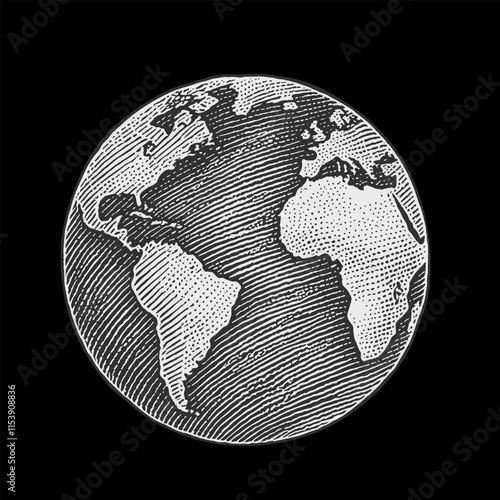 Planet Earth globe sketch engraving style illustration
