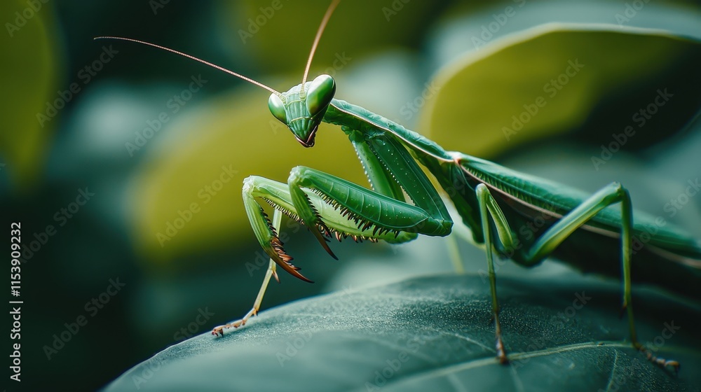 A green mantis perched on a leaf, showcasing its distinctive features against a blurred green background. A green mantis perched on a leaf, showcasing its distinctive features against a blurred green background.