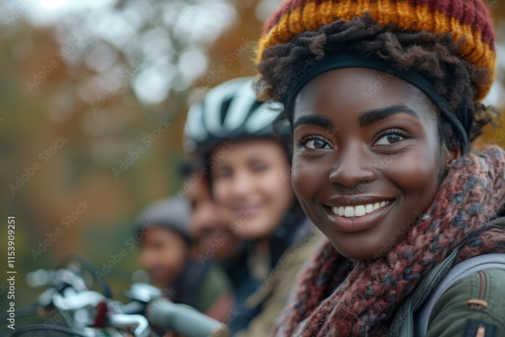 A joyful woman in nature, wearing a vibrant beanie, surrounded by friends enjoying a bike ride in autumn. A joyful woman in nature, wearing a vibrant beanie, surrounded by friends enjoying a bike ride in autumn.