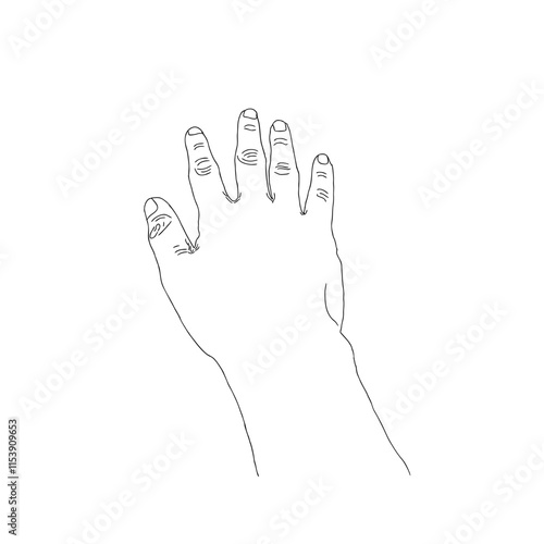 A minimalistic black-and-white line drawing of a human hand, viewed from the top. The hand is depicted with all five fingers extended and outlined with simple, clean lines against a white background
