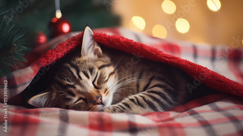 Bengal cat peacefully sleeping near a beautifully decorated Christmas tree with presents photo