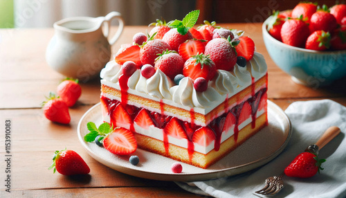 Square strawberry cake with whipped cream and filling