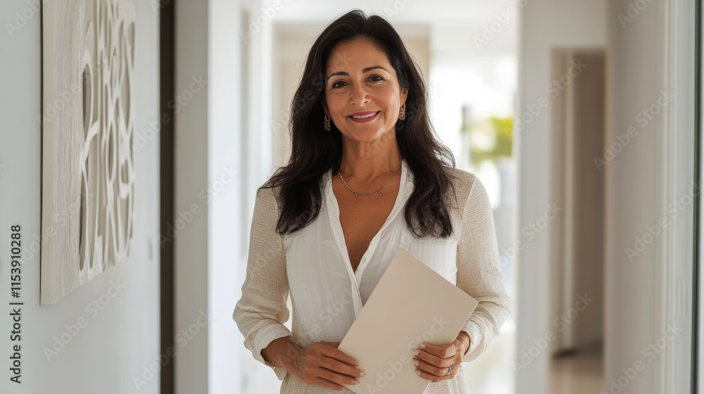 A middle-aged female real estate agent standing in a stylish apartment, holding a folder and smiling