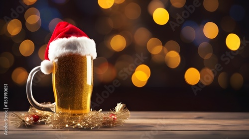 Raise A Festive Toast Beer Mug Topped With Santa S Hat And Holly Background

 photo