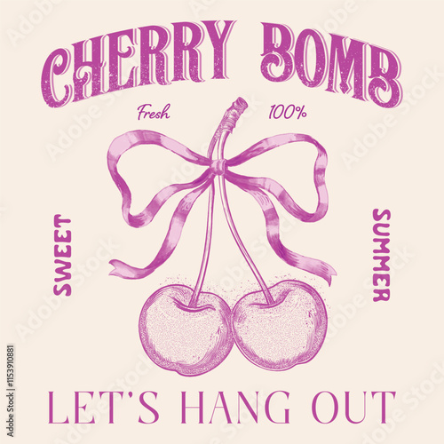 hand drawn effects cherry girls graphics for fruit design, cherry bow with slogan typography, fashion graphic prints cherries fruit cute t-shirt pattern, vintage food fashion slogan print for t-shirt
