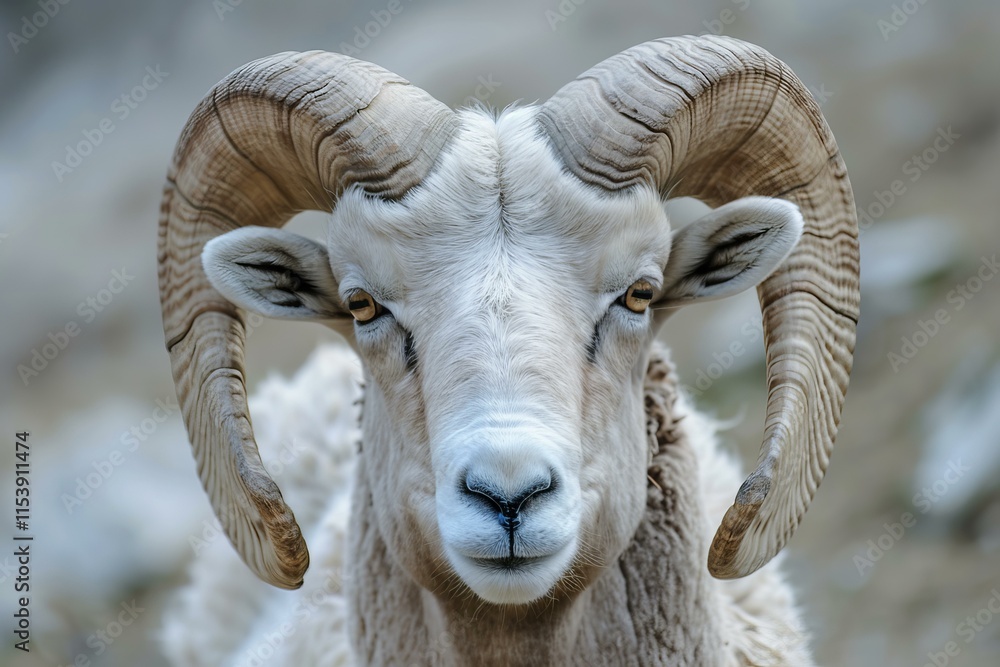 Close up of a bighorn sheep ram showcasing its impressive curved horns Close up of a bighorn sheep ram showcasing its impressive curved horns