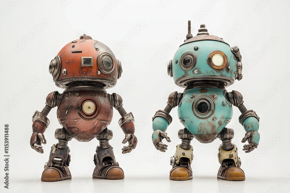 Naklejka premium Two Cute Vintage Robots Standing Side by Side on a White Background. AI generated illustration