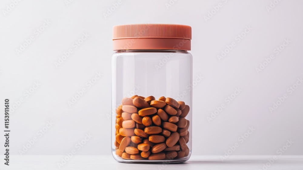A clear glass jar filled with brown beans, featuring a simple orange lid against a light background.