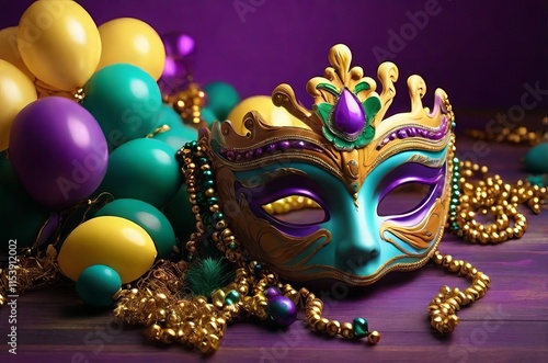 Golden carnival mask with purple feathers and beads on dark background photo