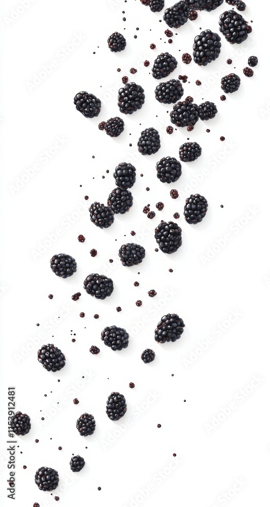 Falling Blackberries Isolated on White Background. Crisp Focus, Bright Lighting in PNG Format. Vector Illustration with Transparent Background for Easy Cut-Out. Falling Blackberries Isolated on White Background. Crisp Focus, Bright Lighting in PNG Format. Vector Illustration with Transparent Background for Easy Cut-Out.