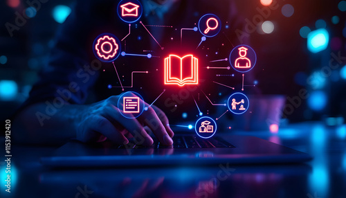 Online Learning, Glowing Book and Laptop, E-learning Concept, Digital Education and Knowledge, Digital Education, Open Book and Learning Icons