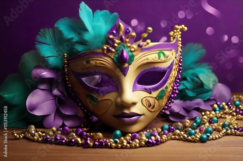 Golden carnival mask with purple feathers and beads on dark background photo