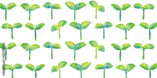 水彩タッチの植物の背景　並んだ双葉、芽
