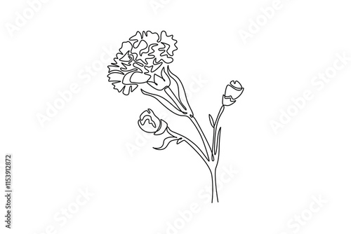Continuous one line drawing beauty fresh carnation for home art wall decor poster. Printable decorative dianthus flower for greeting card ornament. Single line draw design vector graphic illustration