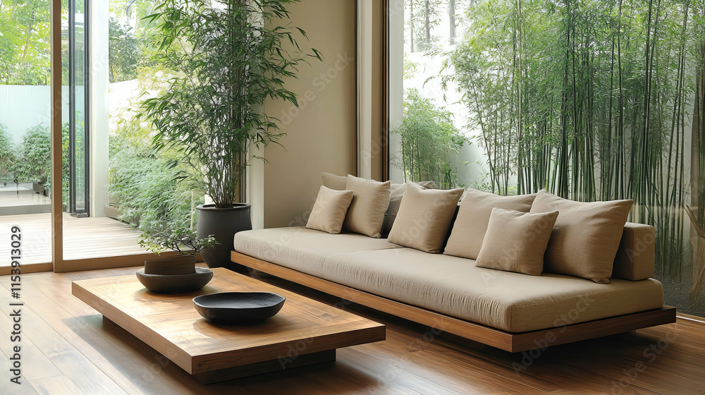 Fototapeta premium Tranquil Modern Living Room with Bamboo Accent