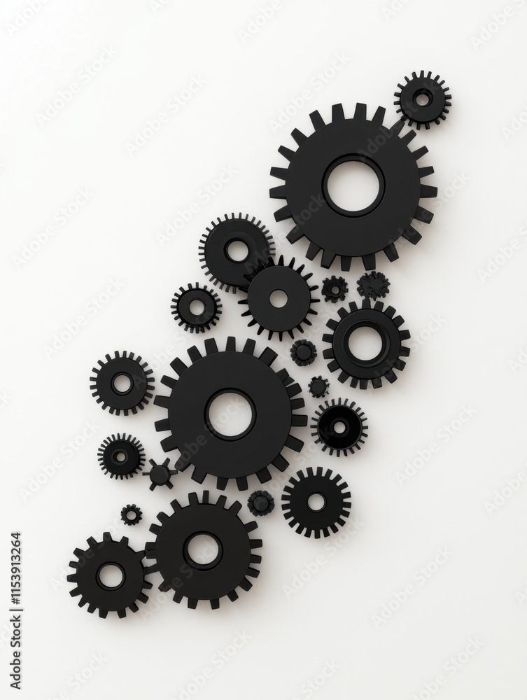 A collection of black gears arranged in an abstract pattern on a light background, symbolizing mechanics and engineering. A collection of black gears arranged in an abstract pattern on a light background, symbolizing mechanics and engineering.