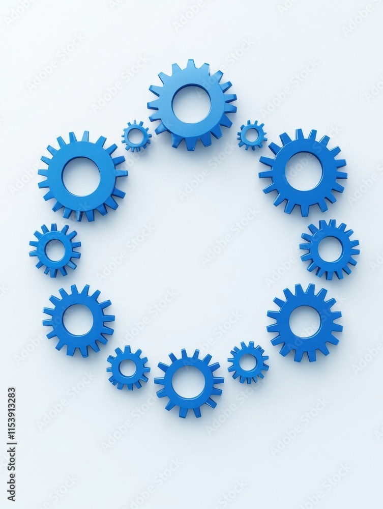 A circular arrangement of blue gears on a white background, symbolizing teamwork, machinery, or innovation. A circular arrangement of blue gears on a white background, symbolizing teamwork, machinery, or innovation.