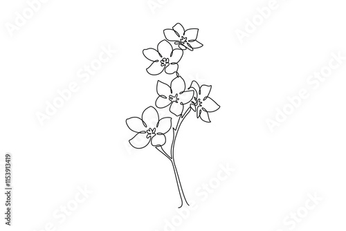 Continuous one line drawing beauty fresh larkspur for garden logo. Decorative of perennial delphinium concept for home wall decor art poster print. Single line draw design vector graphic illustration