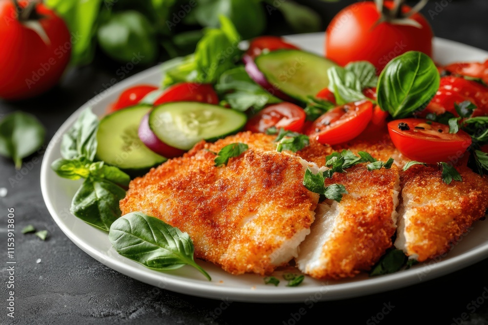 Crispy Breaded Fish with Fresh Tomato and Cucumber Salad Crispy Breaded Fish with Fresh Tomato and Cucumber Salad