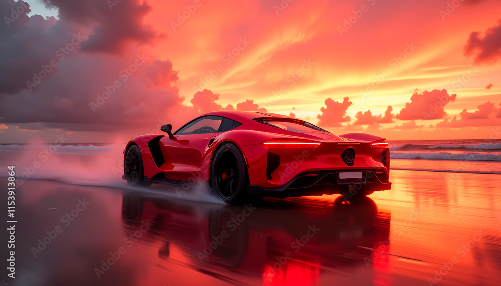 Red sports car driving on wet beach at sunset. Red sports car driving on wet beach at sunset.