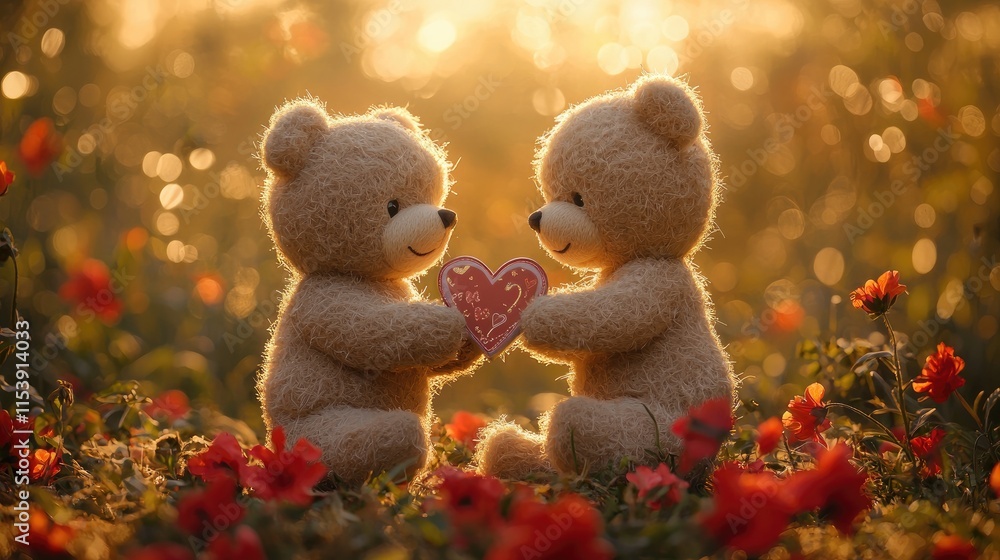 Fototapeta premium Two plush teddy bears hold a heart-shaped gift, surrounded by a vibrant flower field and soft, glowing sunlight.