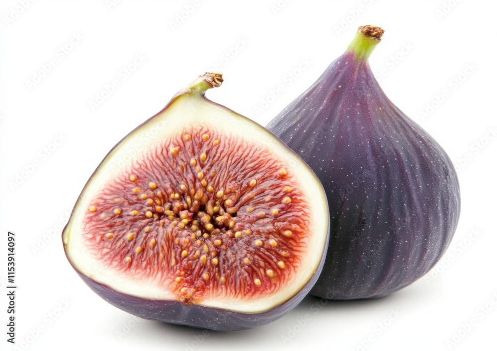 Whole Fig and Half-Slice Isolated on White Background. Detailed Illustration Showcasing Freshness and Texture. Whole Fig and Half-Slice Isolated on White Background. Detailed Illustration Showcasing Freshness and Texture.