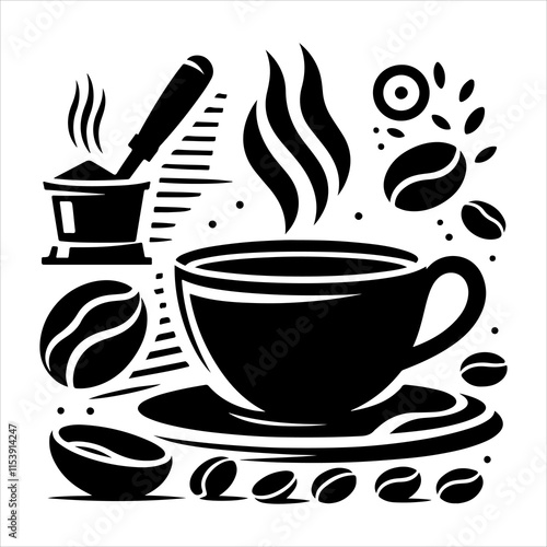 Coffee cup and bean silhouette vector. Coffee cup and bean icons silhouette illustration