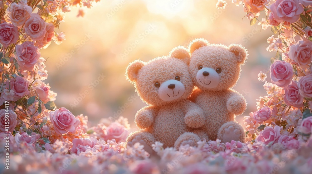 Two adorable teddy bears sit amidst a beautiful floral backdrop, radiating warmth and affection in a soft, dreamy light. Two adorable teddy bears sit amidst a beautiful floral backdrop, radiating warmth and affection in a soft, dreamy light.