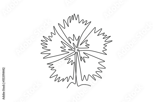 Single one line drawing of beauty fresh dianthus home wallpaper decor art poster print. Decorative carnation flower concept for green park icon. Continuous line draw design graphic vector illustration
