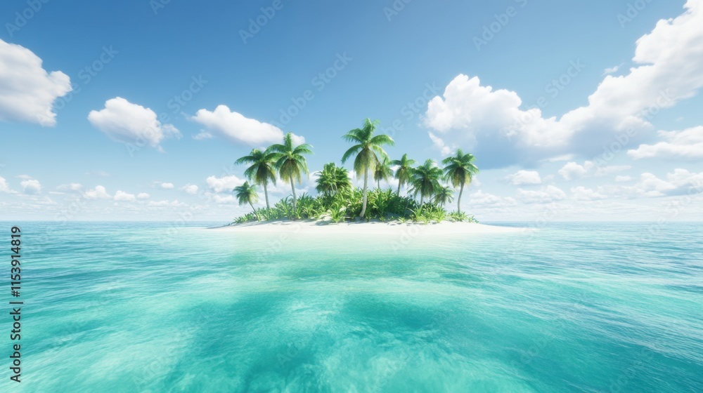 A serene tropical island surrounded by crystal-clear turquoise water and palm trees under a bright blue sky. A serene tropical island surrounded by crystal-clear turquoise water and palm trees under a bright blue sky.