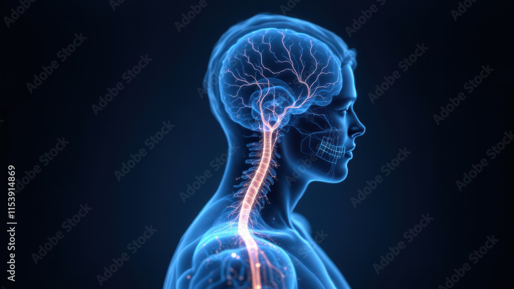 Illustration of a human head with highlighted brain and neck showing Vagus Nerve Stimulation (VNS). Illustration of a human head with highlighted brain and neck showing Vagus Nerve Stimulation (VNS).