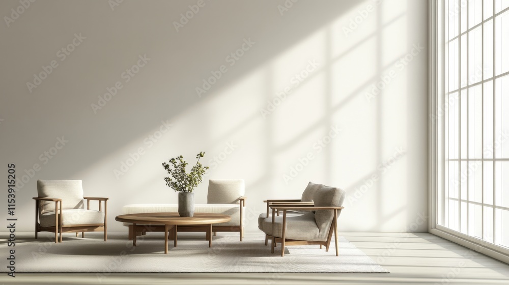 Fototapeta premium A serene living room with wooden furniture, a coffee table, and a vase of flowers, illuminated by soft sunlight streaming through large windows.